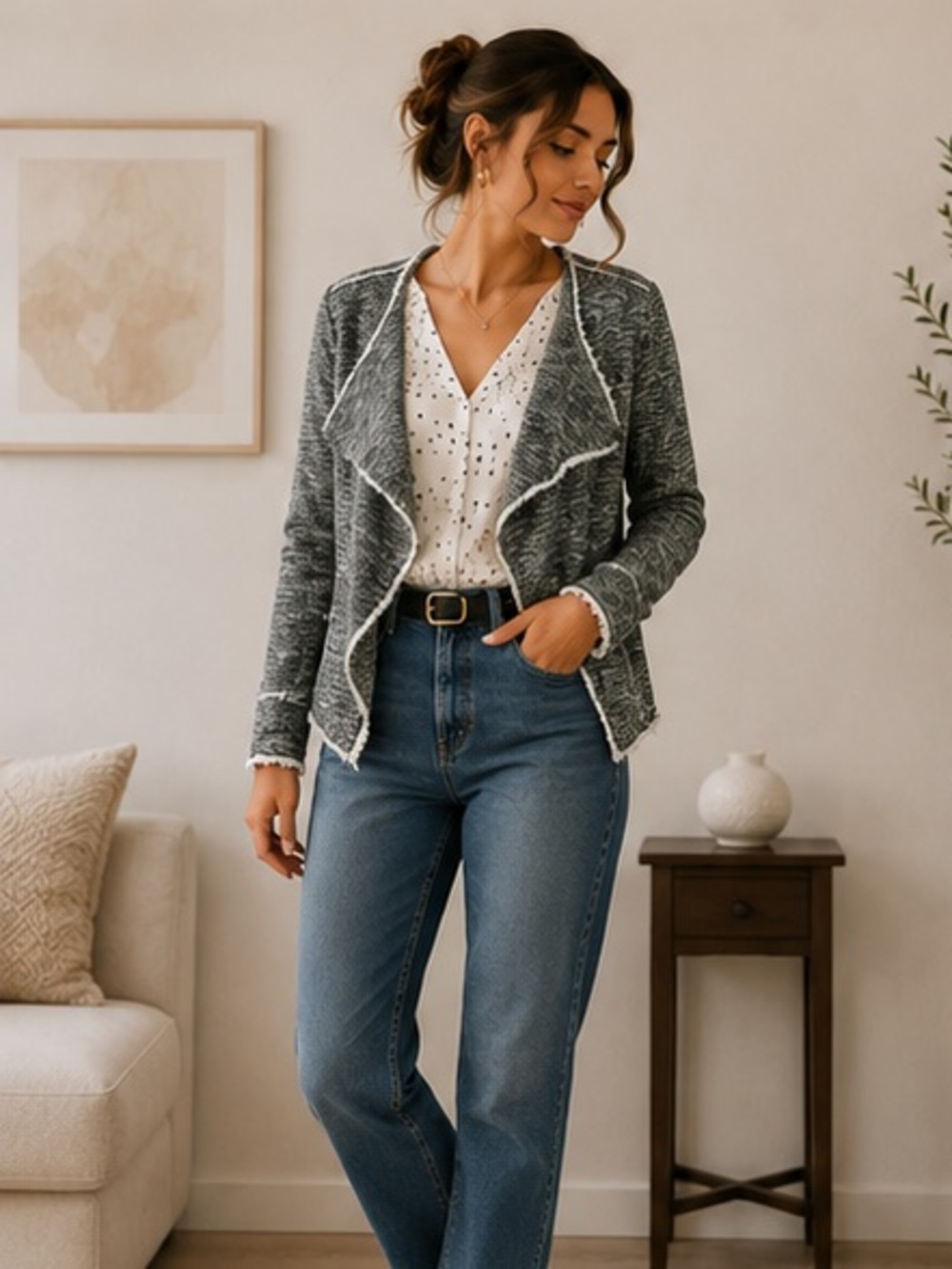Max Jeans Gray Open-Front Knit Blazer with Frayed Trim